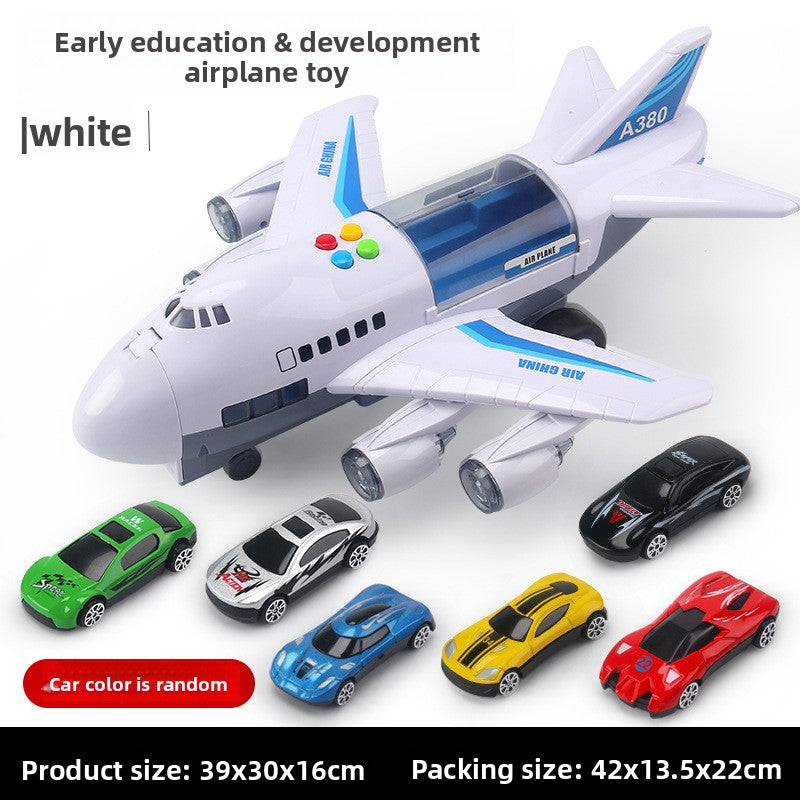 Inertia Transforming Aircraft Toy, white passenger airplane with blue markings and colorful buttons, paired with five assorted alloy cars