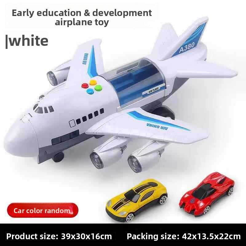 Inertia Transforming Aircraft Toy, white plastic passenger airplane with blue accents, colored buttons and two small cars