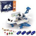 Inertia Transforming Aircraft Toy with a white and blue police plane, open vehicle bay, and miniature blue cars