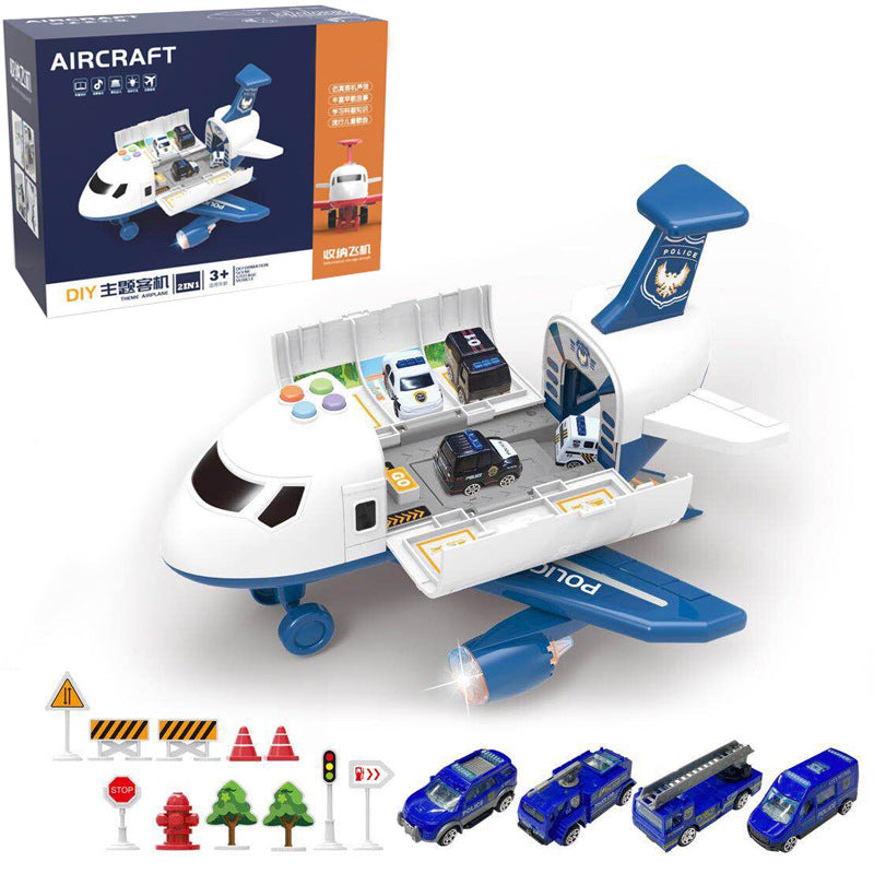 Inertia Transforming Aircraft Toy with a white and blue police plane, open vehicle bay, and miniature blue cars