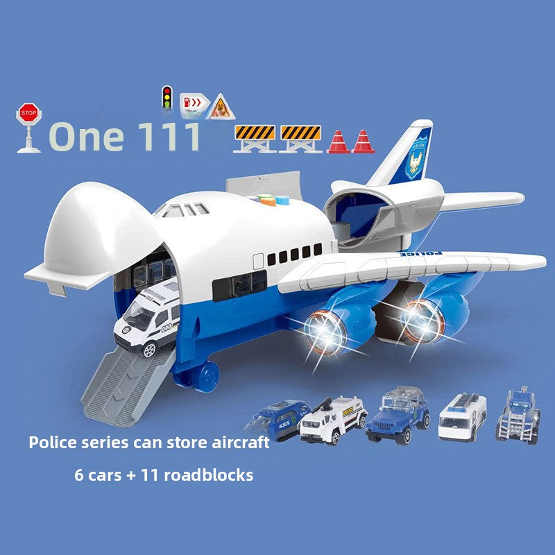Inertia Transforming Aircraft Toy with white and blue plastic body, fold-out ramp, miniature cars and roadblock accessories