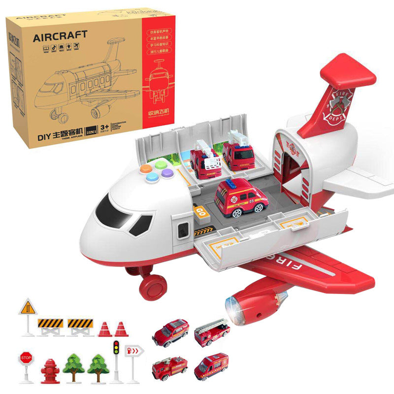 Inertia Transforming Aircraft Toy with a white and red airplane, open vehicle bay, colorful cars, and road accessories