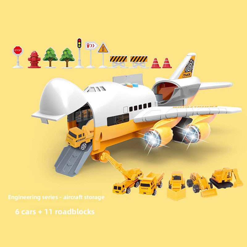 Inertia Transforming Aircraft Toy with a white and yellow plastic airplane, orange construction vehicles, six cars and roadblocks