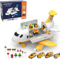 Inertia Transforming Aircraft Toy in white and yellow plastic, opening into a play garage with small construction vehicles