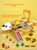 Inertia Transforming Aircraft Toy in white and yellow plastic, with orange engineering-station details, a gray ramp, crane and construction vehicles