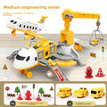 Inertia Transforming Aircraft Toy with white and yellow plastic planes, orange construction crane, three yellow cars and roadwork accessories