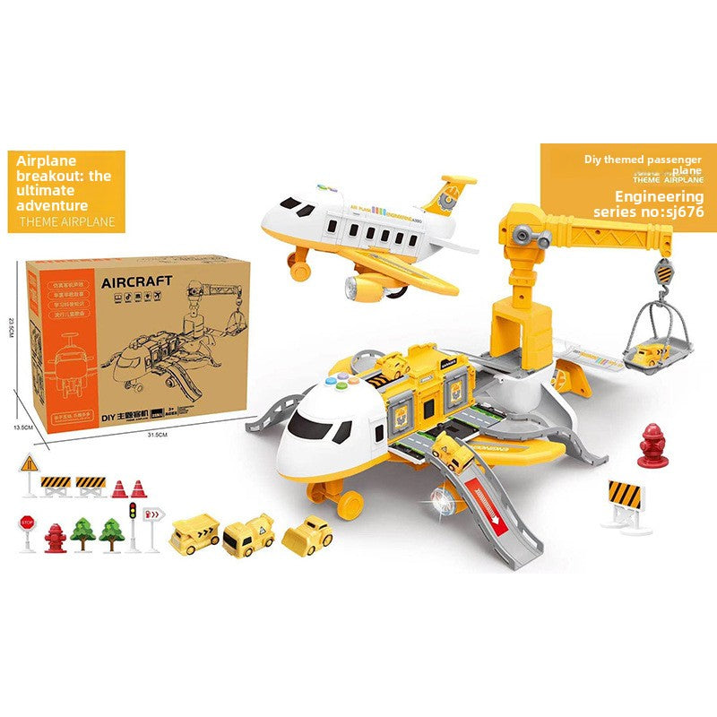Inertia Transforming Aircraft Toy in yellow and white plastic, featuring a passenger plane, crane, ramps, and miniature vehicles