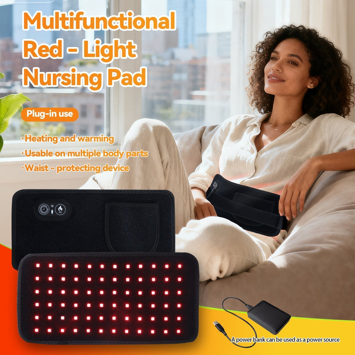 Infrared Heating Belt in black fabric with red LED lights, controller and adjustable waist strap for warming