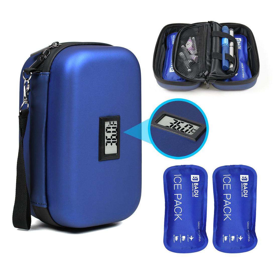 Insulin Ice Bars in blue nylon pouches, shown with a zippered carrying case and built-in digital temperature display.