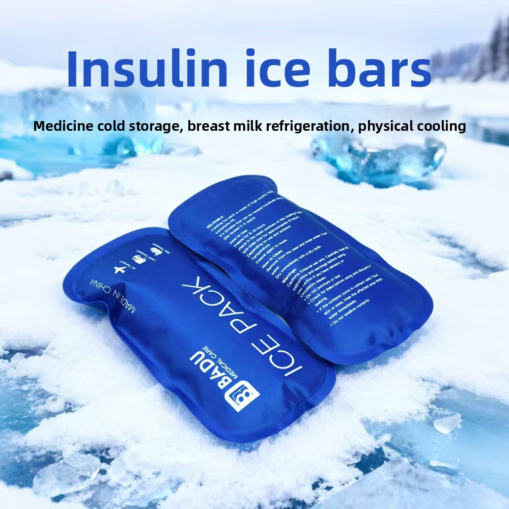 Insulin Ice Bars in blue nylon pouches, shown with a zippered carrying case and built-in digital temperature display.