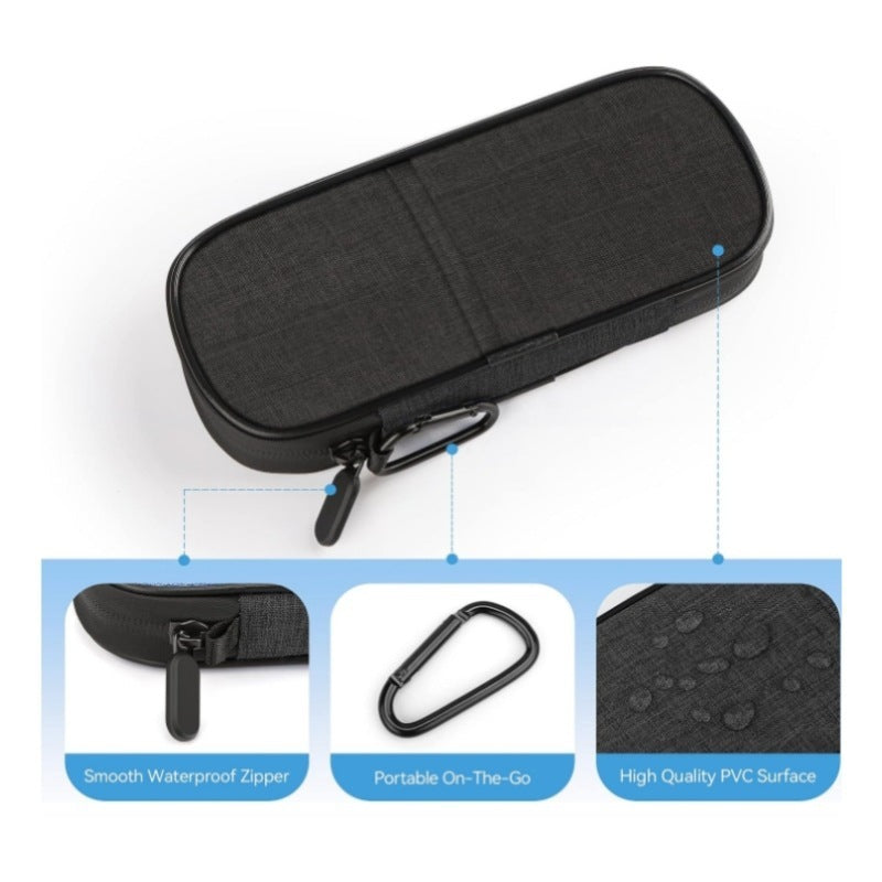Insulin refrigeration package with blue woven-fabric case, black trim, mesh pockets, insulin pens and a navy cooling sleeve.
