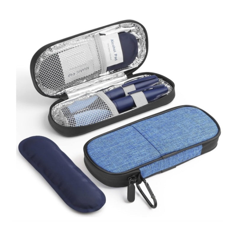Insulin refrigeration package with blue woven-fabric case, black trim, mesh pockets, insulin pens and a navy cooling sleeve.