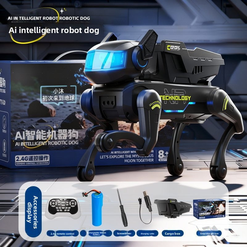 Intelligent Bionic Robot Dog with a black plastic body, blue illuminated visor, four articulated legs, and remote control accessories