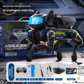 Intelligent Bionic Robot Dog in black plastic with a bright blue visor, shown with remote control and accessories