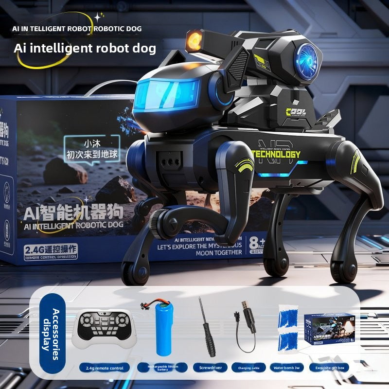 Intelligent Bionic Robot Dog in black and gray plastic with blue illuminated panels, angular robotic details and four articulated legs
