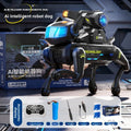 Intelligent Bionic Robot Dog in black and silver plastic with blue accents, glowing lights, articulated legs and remote control