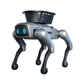 Intelligent Bionic Robot Dog in black and silver plastic, with four articulated legs, blue digital eyes, and a basket on its back