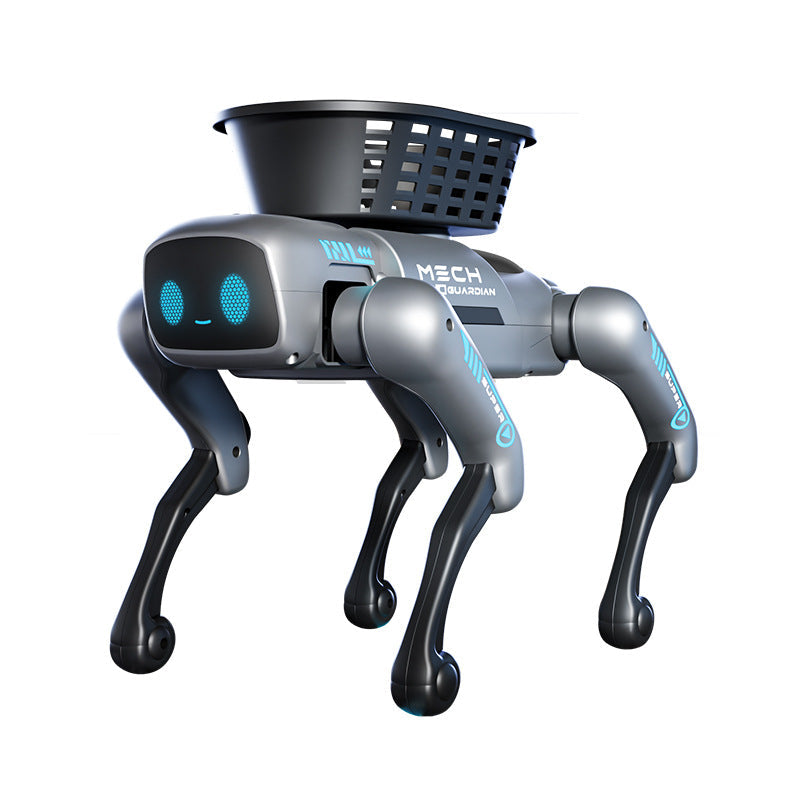 Intelligent Bionic Robot Dog in black and silver plastic, with four articulated legs, blue digital eyes, and a basket on its back