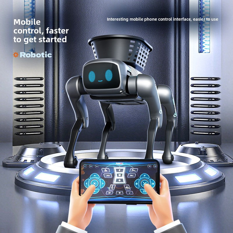 Intelligent Bionic Robot Dog in black and silver plastic with blue digital eyes, shown with a smartphone control interface