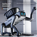 Intelligent Bionic Robot Dog in glossy black and silver plastic, with blue digital eyes, flexible limbs and a raised tail
