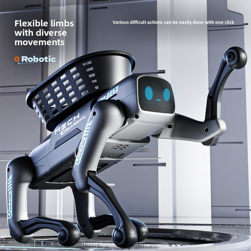 Intelligent Bionic Robot Dog in glossy black and silver plastic, with blue digital eyes, flexible limbs and a raised tail
