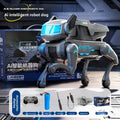 Intelligent Bionic Robot Dog in gray and black plastic with cyan-blue accents, angular armor, and four articulated legs