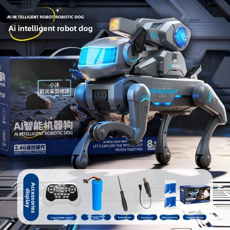 Intelligent Bionic Robot Dog in silver and black plastic with blue glowing accents, four articulated legs and a futuristic design