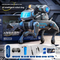 Intelligent Bionic Robot Dog with silver plastic armor, blue accents, four articulated legs, and a matching remote control