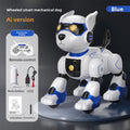 Intelligent Bionic Robot Dog with a white plastic body, blue trim, glowing yellow eyes, and a chest control panel