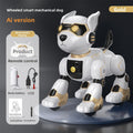 Intelligent Bionic Robot Dog in white plastic with gold accents, glowing pixel eyes, and a black chest panel