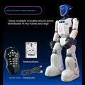 Intelligent Bionic Robot Dog shown as a white humanoid robot with blue glowing visor, movable joints, remote and charging cable