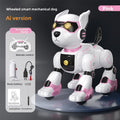 Intelligent Bionic Robot Dog in white plastic with pink accents, glowing yellow eyes, and a remote control shown