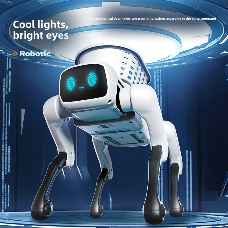 Intelligent Bionic Robot Dog with a white plastic body, black articulated legs, and a dark face with glowing blue eyes