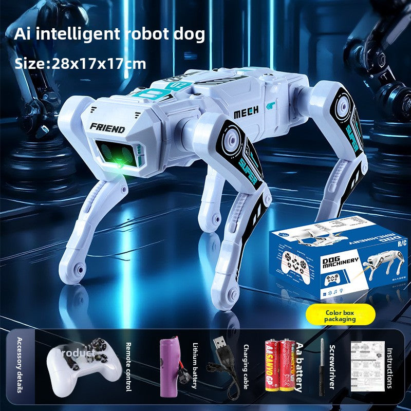 Intelligent Bionic Robot Dog in white plastic with black and teal mechanical details, green glowing eyes, and four articulated legs