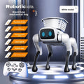 Intelligent Bionic Robot Dog in white plastic with a black face, blue digital eyes, flexible limbs and remote control