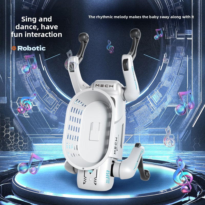 Intelligent Bionic Robot Dog in white plastic with black and teal details, shown upright with raised legs and music symbols