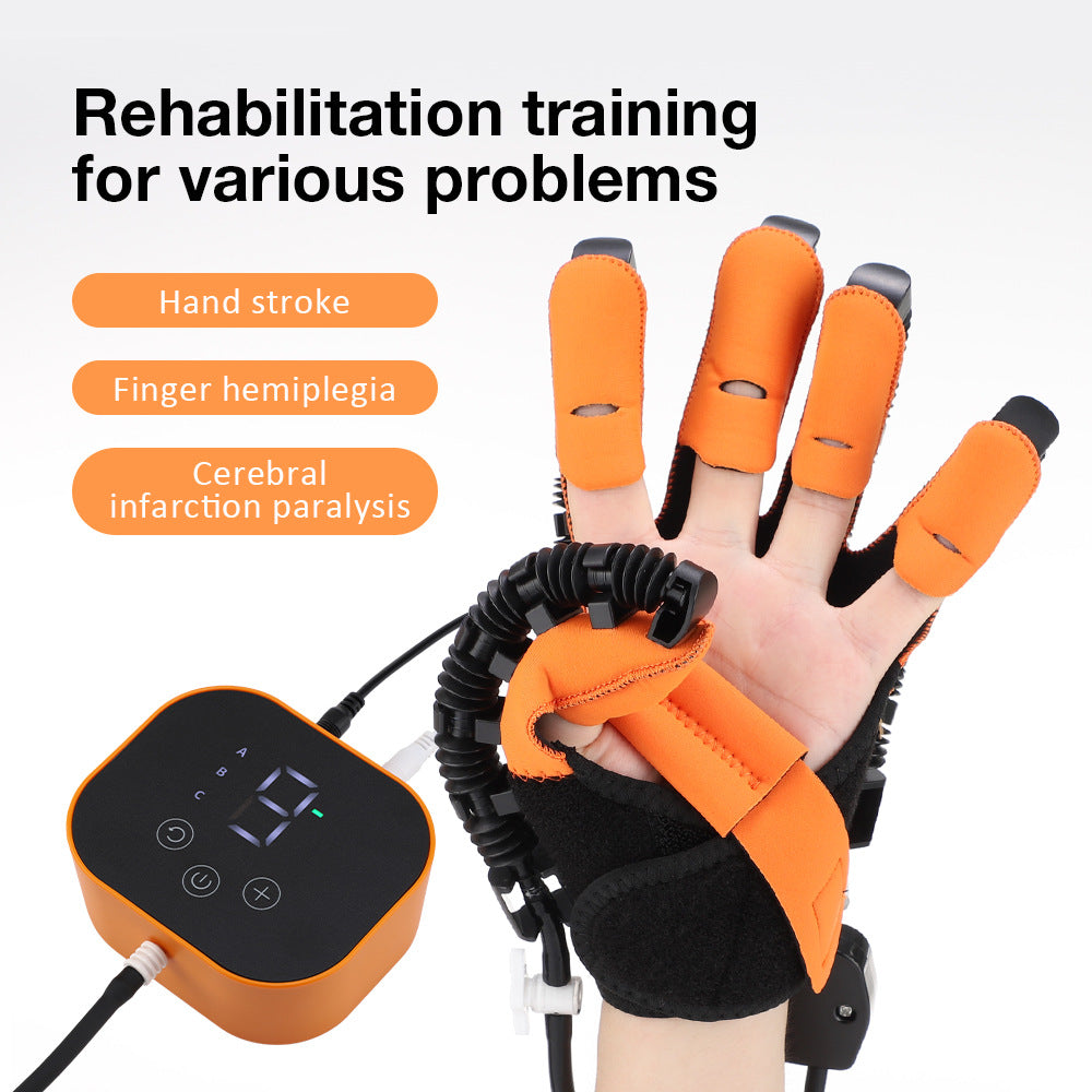 Intelligent Electric Hand Robot rehabilitation glove in black and orange polyester, with finger supports and a connected control unit.