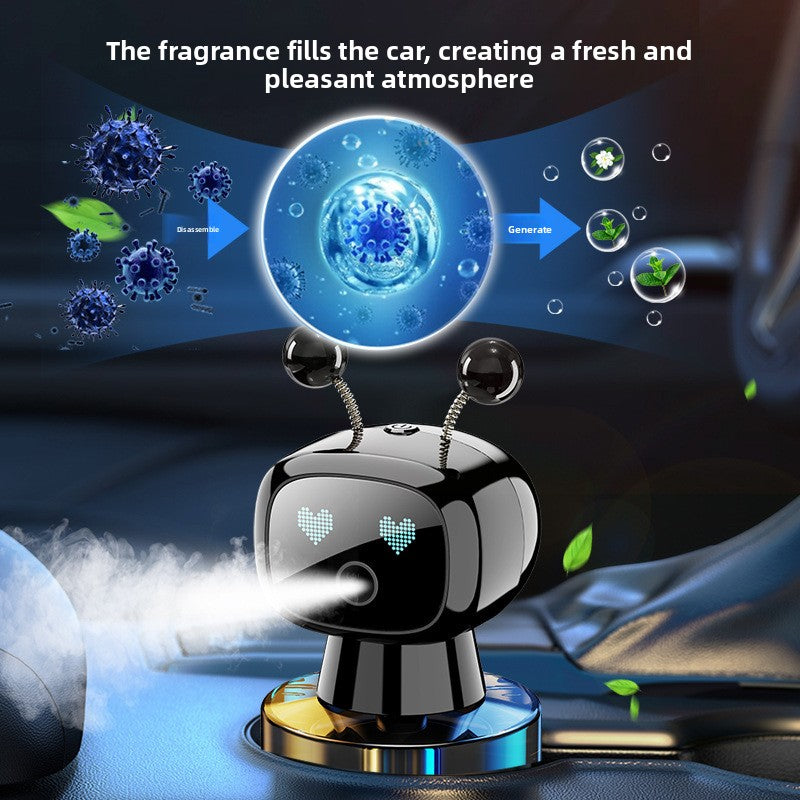Intelligent Robot Car Fragrance Diffuser in glossy black and silver plastic, with antennae and a heart-shaped LED face emitting mist.