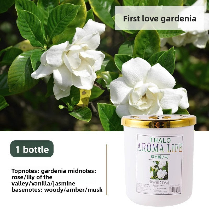 Jasmine Fragrance Air Fresh solid gardenia fragrance in a pale pink jar with a gold lid and floral label