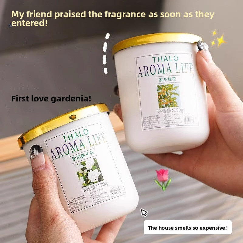 Solid fragrance air freshener jars with white bodies and gold lids, labeled in green with floral jasmine imagery; Jasmine Fragrance Air Fresh.