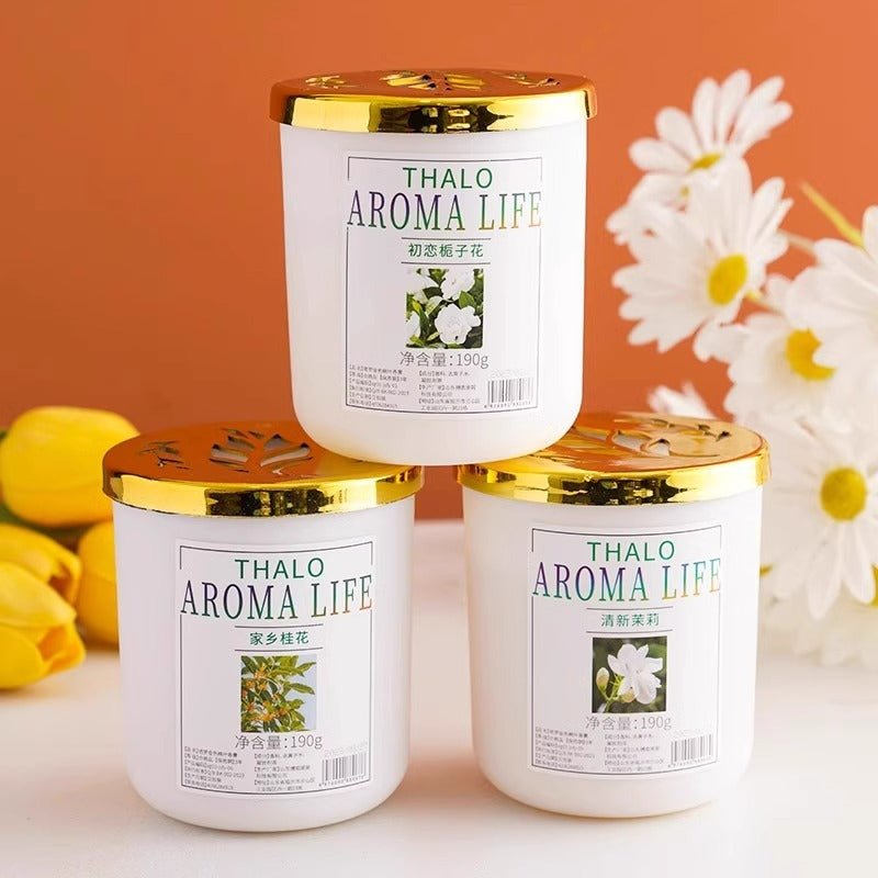 Jasmine Fragrance Air Fresh solid fragrance in white jars with reflective gold lids and floral labels