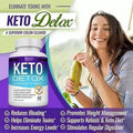 Keto Capsules detox supplement in a white bottle with a purple and teal label, shown beside a smiling woman holding a cucumber