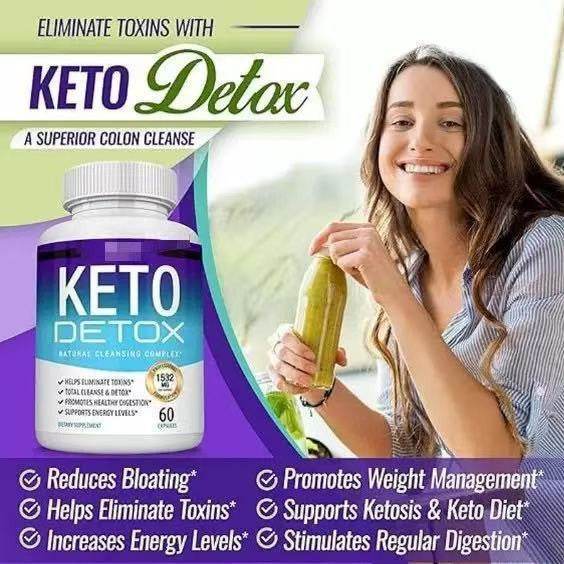 Keto Capsules detox supplement in a white bottle with a purple and teal label, shown beside a smiling woman holding a cucumber