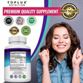 Keto Capsules supplement bottle with a white cap, purple and teal label, and visible Supplement Facts panel beside a smiling woman