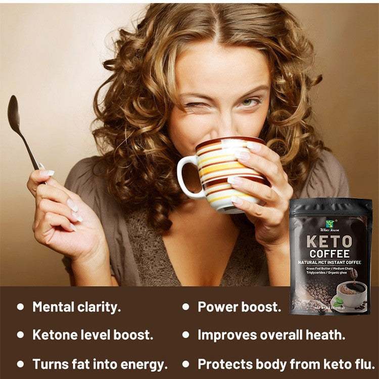 Keto MCT Instant Coffee packet showing black packaging, white lettering and a coffee cup graphic beside a woman holding a striped mug