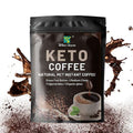 Keto MCT Instant Coffee in a black resealable pouch with bold white lettering, coffee bean imagery, and a cup illustration.