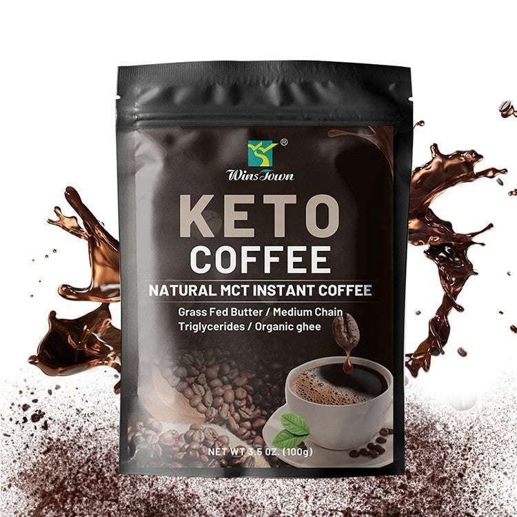 Keto MCT Instant Coffee in a black resealable pouch with bold white lettering, coffee bean imagery, and a cup illustration.