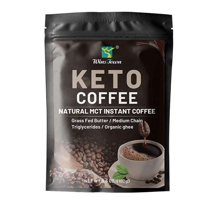 Keto MCT Instant Coffee in a black resealable pouch with bold white lettering, coffee bean imagery, and a cup illustration.