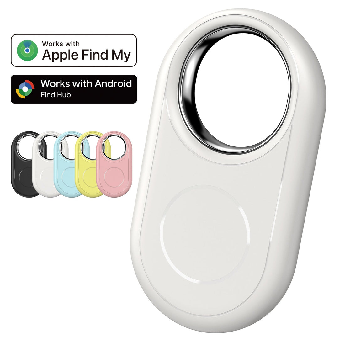 Keychain Dual System Bluetooth tracker in glossy white ABS plastic, with a large metal key ring and smooth oval body.