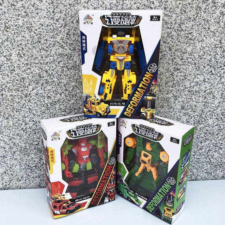 Kids Deformable Robot Car Toy in colorful plastic packaging, featuring orange, red, and green transforming robot and vehicle designs.